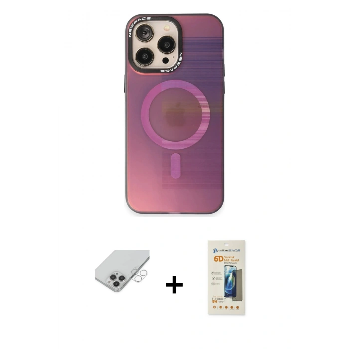 ieg™ iPhone 14 Pro Max Kılıf Siluet Modern Koleksiyonu - Siyah 6D Mat Seramik Hayalet Nano Ekran Koruyucu + Gümüş Band Metal Kamera Lens