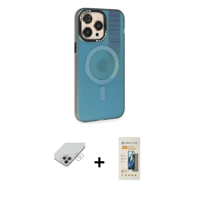 ieg™ iPhone 14 Pro Max Kılıf Siluet Modern Koleksiyonu - Siyah 6D Mat Seramik Hayalet Nano Ekran Koruyucu + Gümüş Band Metal Kamera Lens