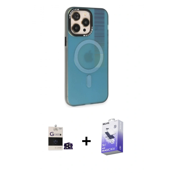 ieg™ iPhone 14 Pro Max Kılıf Siluet Modern Koleksiyonu - Siyah Bilvis 5in1 5D Magic Hayalet Cam Ekran Koruyucu + Derin Mor Bilvis Titan Kamera Lens