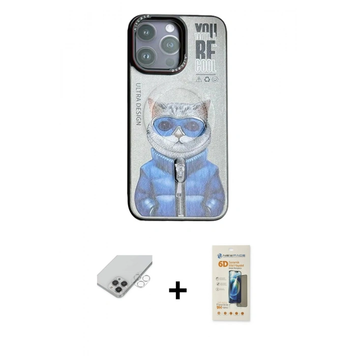 ieg™ iPhone 14 Pro Max Kılıf Siluet Modern Özel Seri - Siyah 6D Mat Seramik Hayalet Nano Ekran Koruyucu + Gümüş Band Metal Kamera Lens