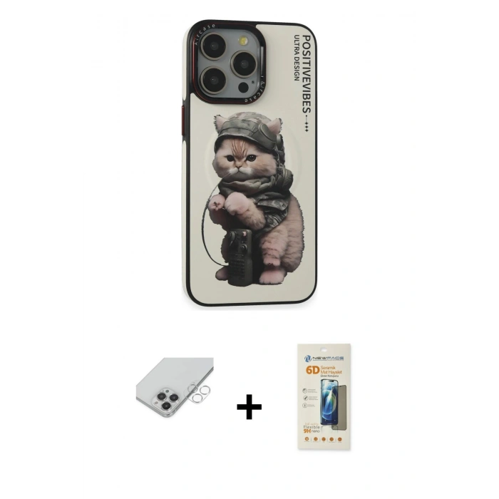 ieg™ iPhone 14 Pro Max Kılıf Siluet Modern Özel Seri - Siyah 6D Mat Seramik Hayalet Nano Ekran Koruyucu + Gümüş Band Metal Kamera Lens