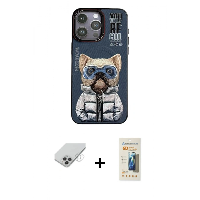 ieg™ iPhone 14 Pro Max Kılıf Siluet Modern Özel Seri - Siyah 6D Mat Seramik Hayalet Nano Ekran Koruyucu + Gümüş Band Metal Kamera Lens