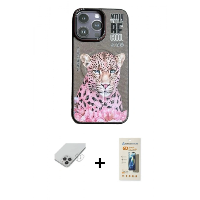 ieg™ iPhone 14 Pro Max Kılıf Siluet Modern Özel Seri - Siyah 6D Mat Seramik Hayalet Nano Ekran Koruyucu + Gümüş Band Metal Kamera Lens
