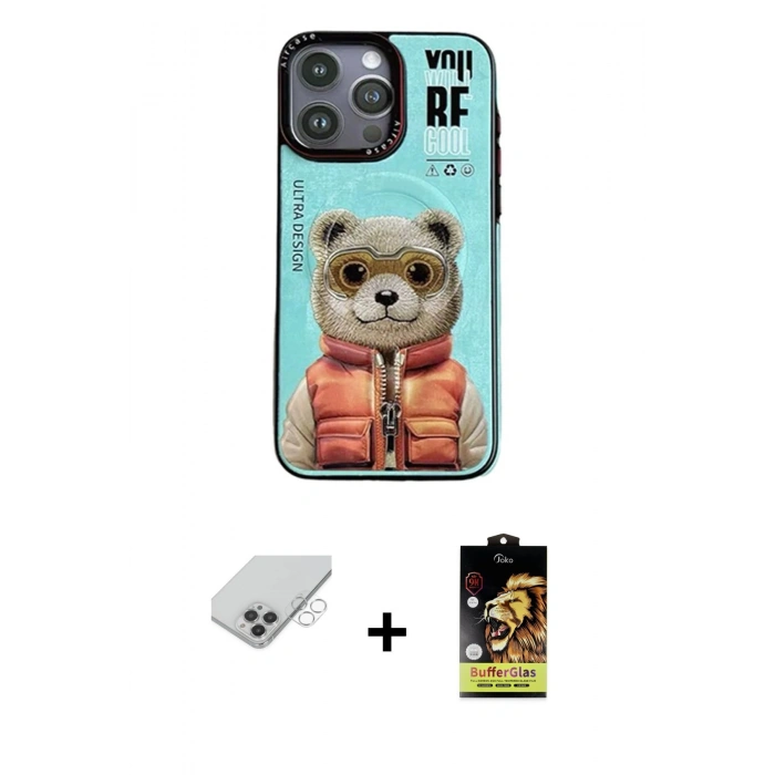 ieg™ iPhone 14 Pro Max Kılıf Siluet Modern Özel Seri - Siyah Buffer Cam Ekran Koruyucu + Gümüş Band Metal Kamera Lens