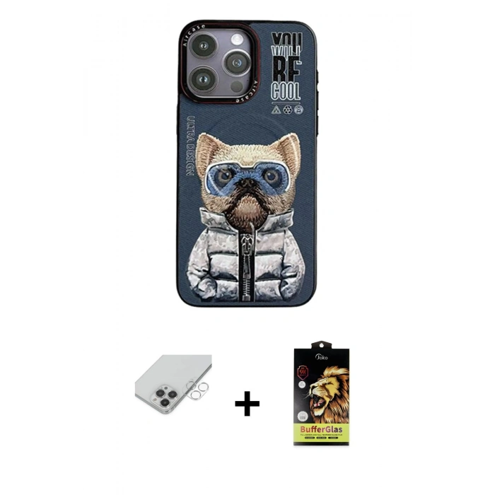 ieg™ iPhone 14 Pro Max Kılıf Siluet Modern Özel Seri - Siyah Buffer Cam Ekran Koruyucu + Gümüş Band Metal Kamera Lens