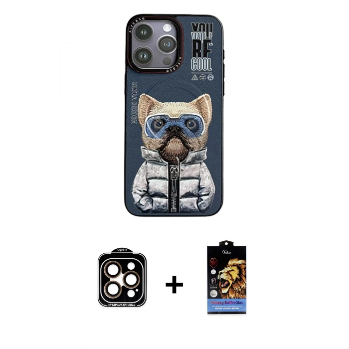 ieg™ iPhone 14 Pro Max Kılıf Siluet Modern Özel Seri - Siyah Buffer Hayalet Cam Ekran Koruyucu + Turuncu PVD Metal Kamera Lens