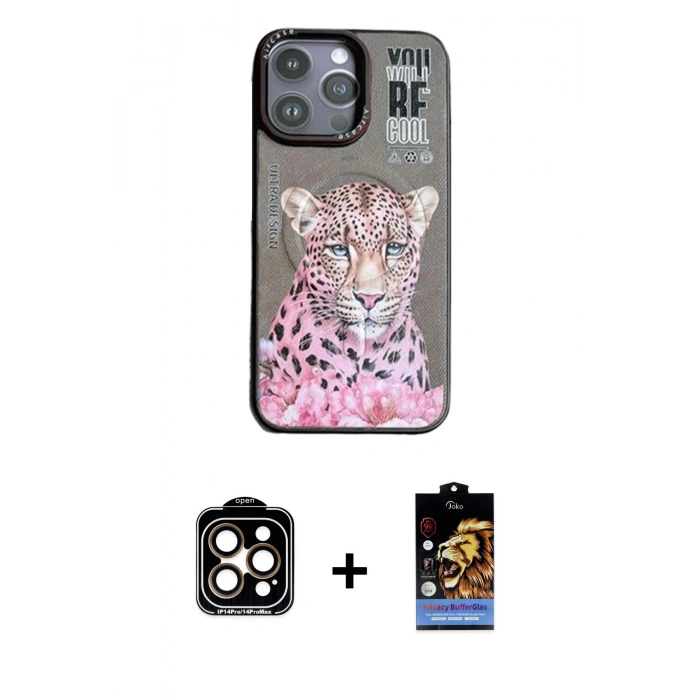 ieg™ iPhone 14 Pro Max Kılıf Siluet Modern Özel Seri - Siyah Buffer Hayalet Cam Ekran Koruyucu + Turuncu PVD Metal Kamera Lens