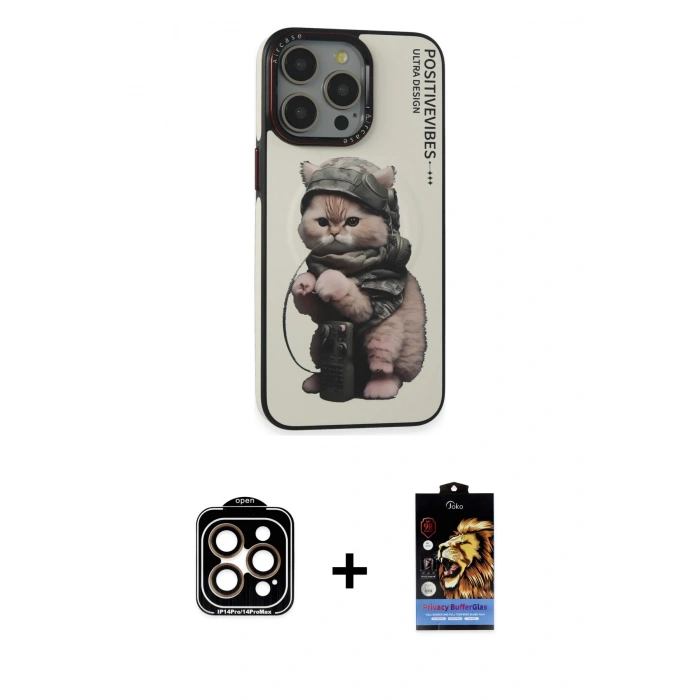 ieg™ iPhone 14 Pro Max Kılıf Siluet Modern Özel Seri - Siyah Buffer Hayalet Cam Ekran Koruyucu + Turuncu PVD Metal Kamera Lens