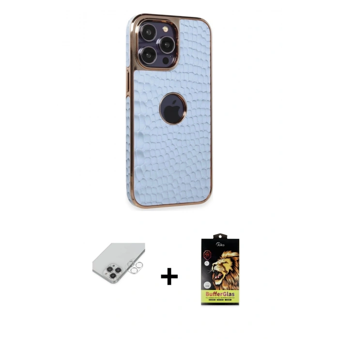 ieg™ iPhone 14 Pro Max Kılıf Ufuk Form Prime - Siyah Buffer Cam Ekran Koruyucu + Gümüş Band Metal Kamera Lens