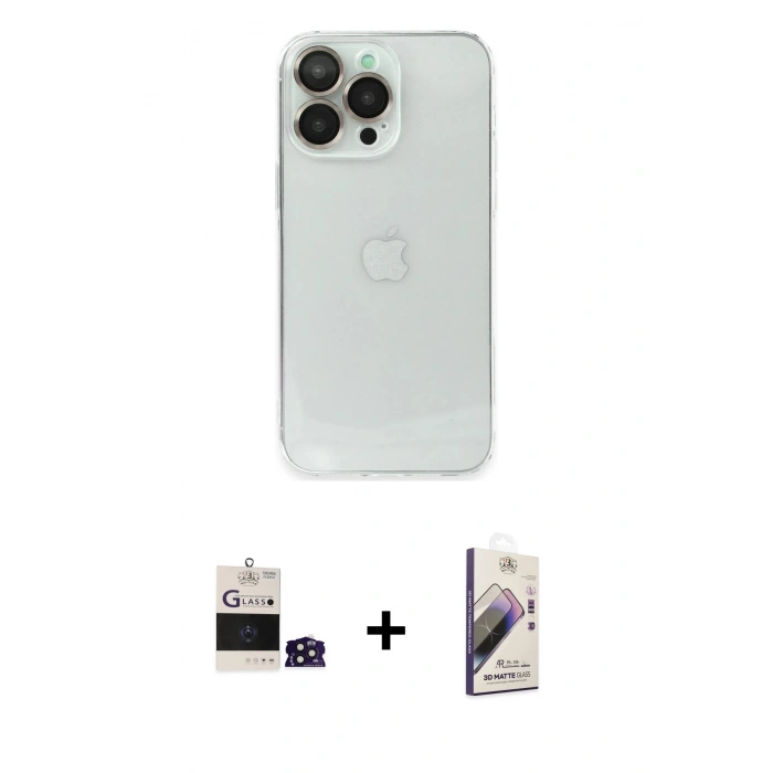 ieg™ iPhone 14 Pro Max Kılıf Ufuk Minimal Özel Seri - Siyah Bilvis 3D Mat Cam Ekran Koruyucu + Derin Mor Bilvis Titan Kamera Lens