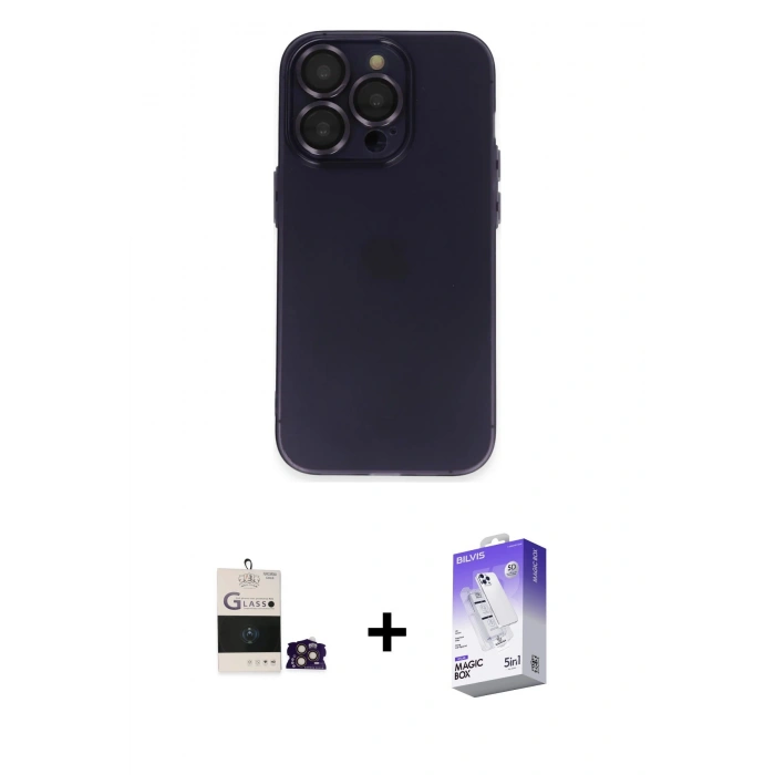 ieg™ iPhone 14 Pro Max Kılıf Ufuk Minimal Özel Seri - Siyah Bilvis 5in1 3D Magic Cam Ekran Koruyucu + Gold Bilvis Titan Kamera Lens