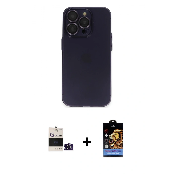 ieg™ iPhone 14 Pro Max Kılıf Ufuk Minimal Özel Seri - Siyah Buffer Hayalet Cam Ekran Koruyucu + Derin Mor Bilvis Titan Kamera Lens