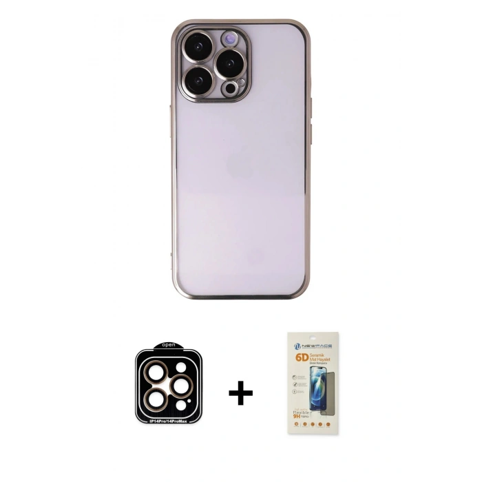 ieg™ iPhone 14 Pro Max Kılıf Vadi Minimal - Siyah 6D Mat Seramik Hayalet Nano Ekran Koruyucu + Turuncu PVD Metal Kamera Lens