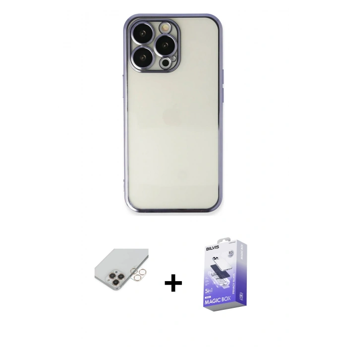 ieg™ iPhone 14 Pro Max Kılıf Vadi Minimal - Siyah Bilvis 5in1 5D Magic Hayalet Cam Ekran Koruyucu + Gold Band Metal Kamera Lens