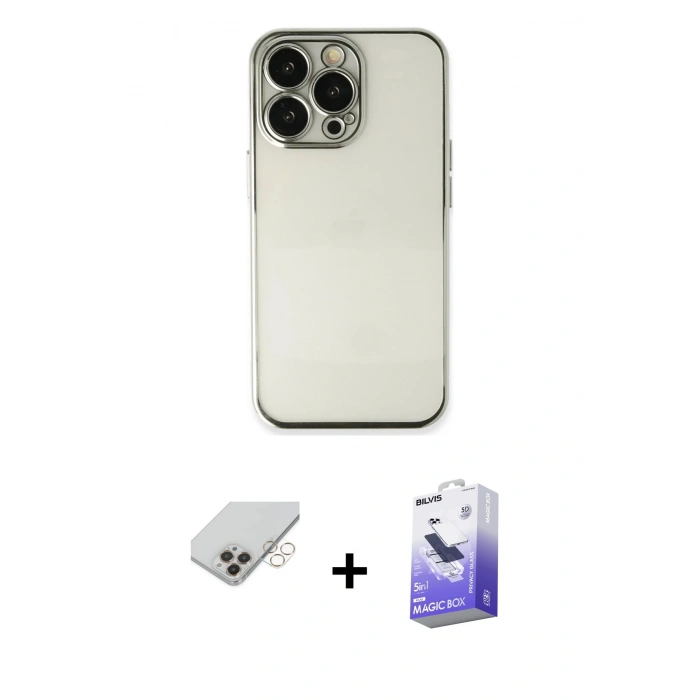 ieg™ iPhone 14 Pro Max Kılıf Vadi Minimal - Siyah Bilvis 5in1 5D Magic Hayalet Cam Ekran Koruyucu + Gold Band Metal Kamera Lens