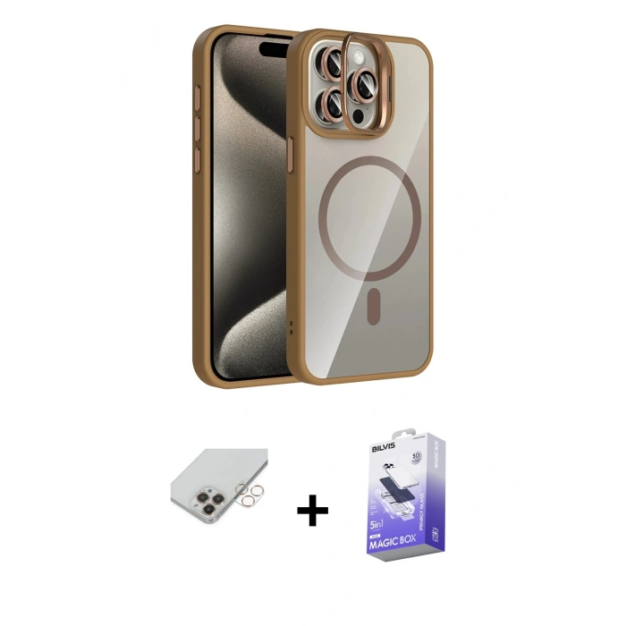 ieg™ iPhone 14 Pro Max Kılıf Yadigar Asil Koleksiyonu - Siyah Bilvis 5in1 5D Magic Hayalet Cam Ekran Koruyucu + Gold Band Metal Kamera Lens
