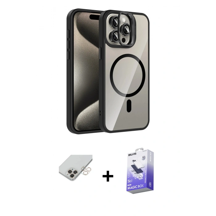 ieg™ iPhone 14 Pro Max Kılıf Yadigar Asil Koleksiyonu - Siyah Bilvis 5in1 5D Magic Hayalet Cam Ekran Koruyucu + Gold Band Metal Kamera Lens