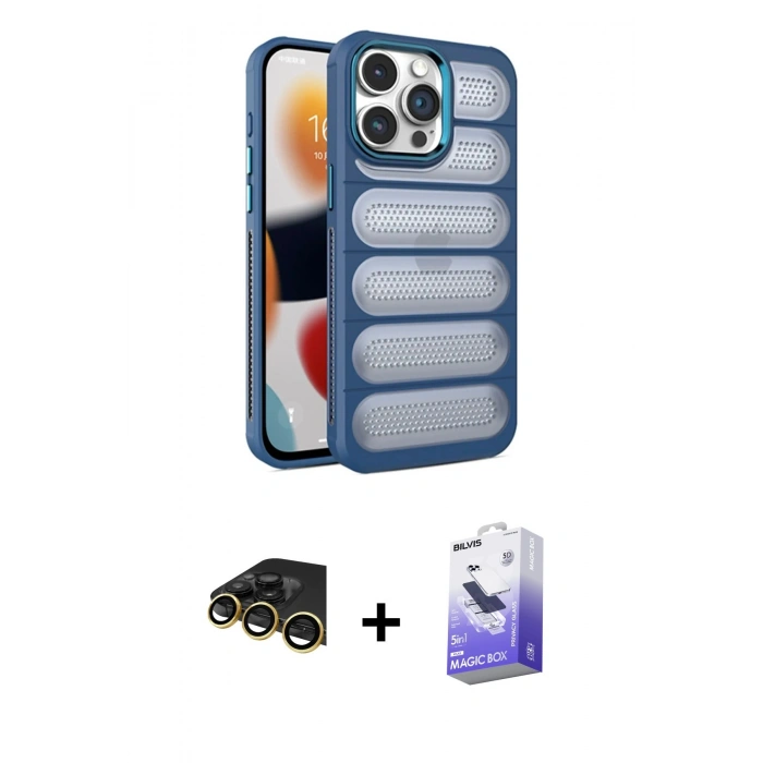 ieg™ iPhone 14 Pro Max Kılıf Yadigar Doku Özel Seri - Siyah Bilvis 5in1 5D Magic Hayalet Cam Ekran Koruyucu + Gold Raze Metal Kamera Lens