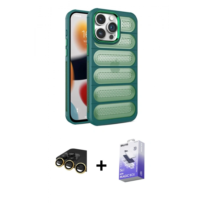 ieg™ iPhone 14 Pro Max Kılıf Yadigar Doku Özel Seri - Siyah Bilvis 5in1 5D Magic Hayalet Cam Ekran Koruyucu + Gold Raze Metal Kamera Lens