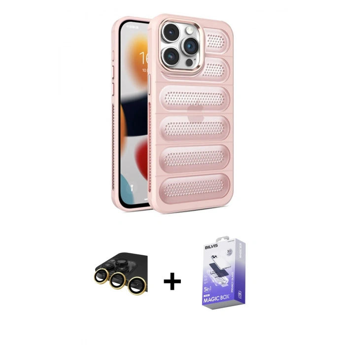 ieg™ iPhone 14 Pro Max Kılıf Yadigar Doku Özel Seri - Siyah Bilvis 5in1 5D Magic Hayalet Cam Ekran Koruyucu + Gold Raze Metal Kamera Lens