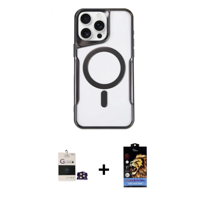 ieg™ iPhone 14 Pro Max Kılıf Yadigar Klasik Özel Seri - Siyah Buffer Hayalet Cam Ekran Koruyucu + Gold Bilvis Titan Kamera Lens