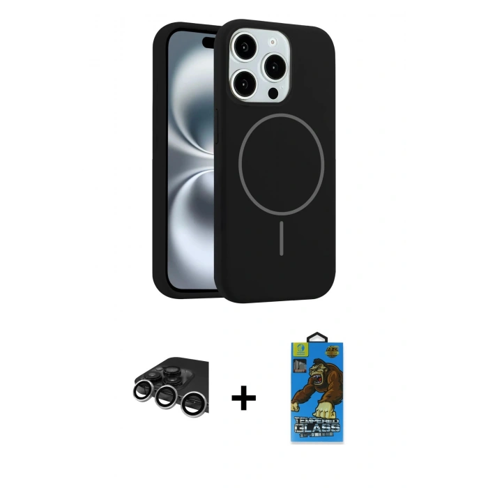 MARSİLYAN™- iPhone 14 Pro Max Kılıf Yankı Form Serisi - Siyah 18D Cam Ekran Koruyucu + Raze Metal Kamera Lens - GS