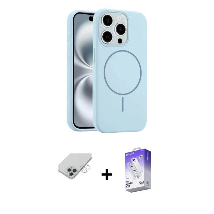 ieg™ iPhone 14 Pro Max Kılıf Yankı Form Serisi - Siyah Bilvis 5in1 3D Magic Cam Ekran Koruyucu + Gümüş Band Metal Kamera Lens