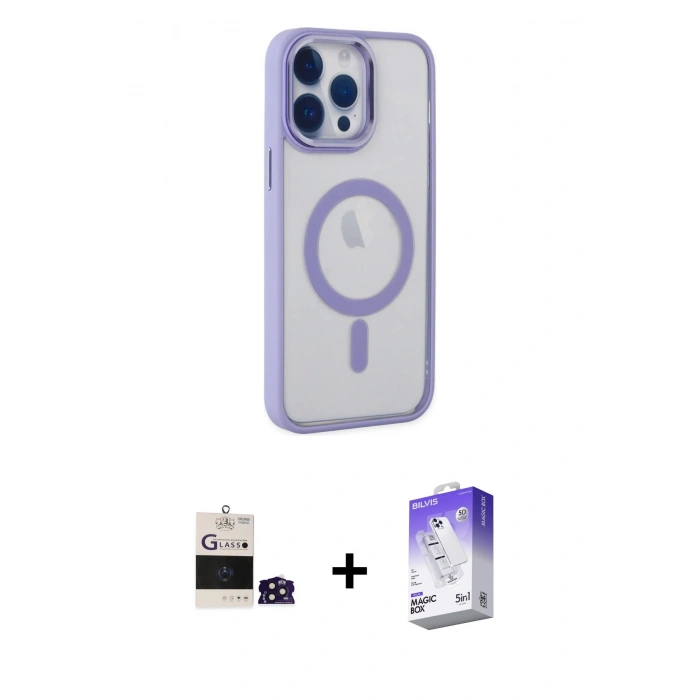 ieg™ iPhone 14 Pro Max Kılıf Yankı Işık Özel Seri - Siyah Bilvis 5in1 3D Magic Cam Ekran Koruyucu + Derin Mor Bilvis Titan Kamera Lens