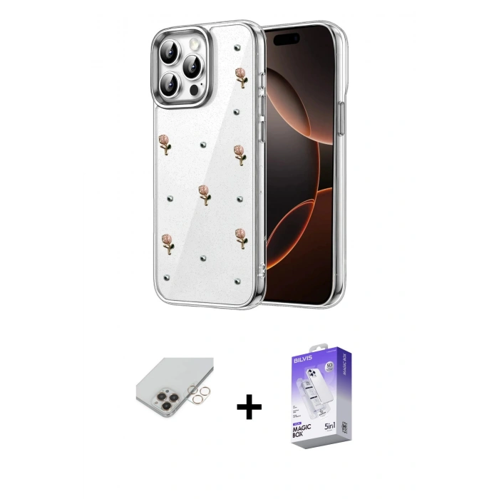ieg™ iPhone 14 Pro Max Kılıf Yörünge Form - Siyah Bilvis 5in1 3D Magic Cam Ekran Koruyucu + Gold Band Metal Kamera Lens
