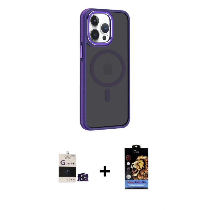 ieg™ iPhone 14 Pro Max Kılıf Yörünge Klasik - Siyah Buffer Hayalet Cam Ekran Koruyucu + Derin Mor Bilvis Titan Kamera Lens