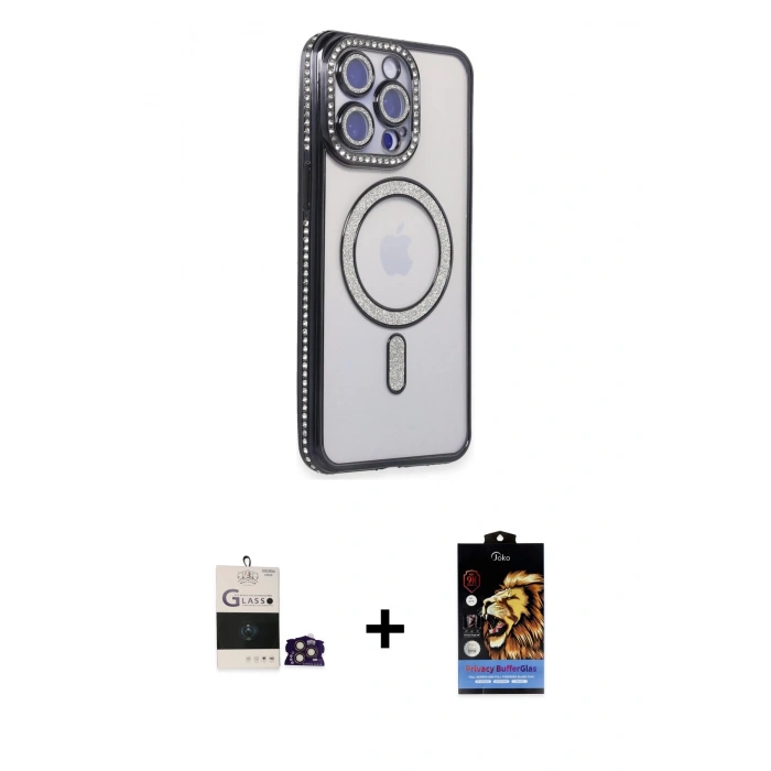 ieg™ iPhone 14 Pro Max Kılıf Zirve Doku Prime - Siyah Buffer Hayalet Cam Ekran Koruyucu + Gold Bilvis Titan Kamera Lens