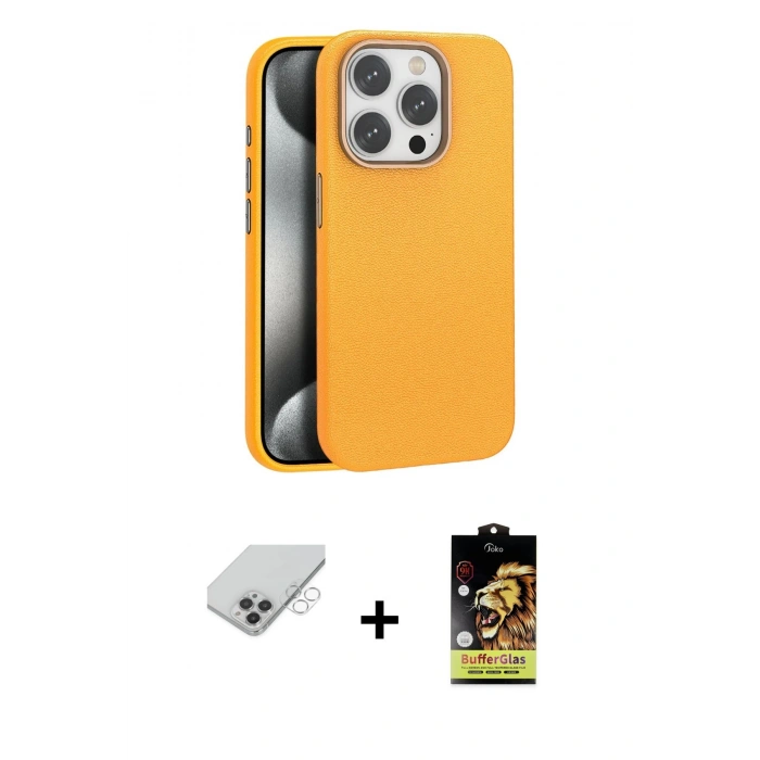 ieg™ iPhone 14 Pro Max Kılıf Zirve Modern Prime - Siyah Buffer Cam Ekran Koruyucu + Gümüş Band Metal Kamera Lens