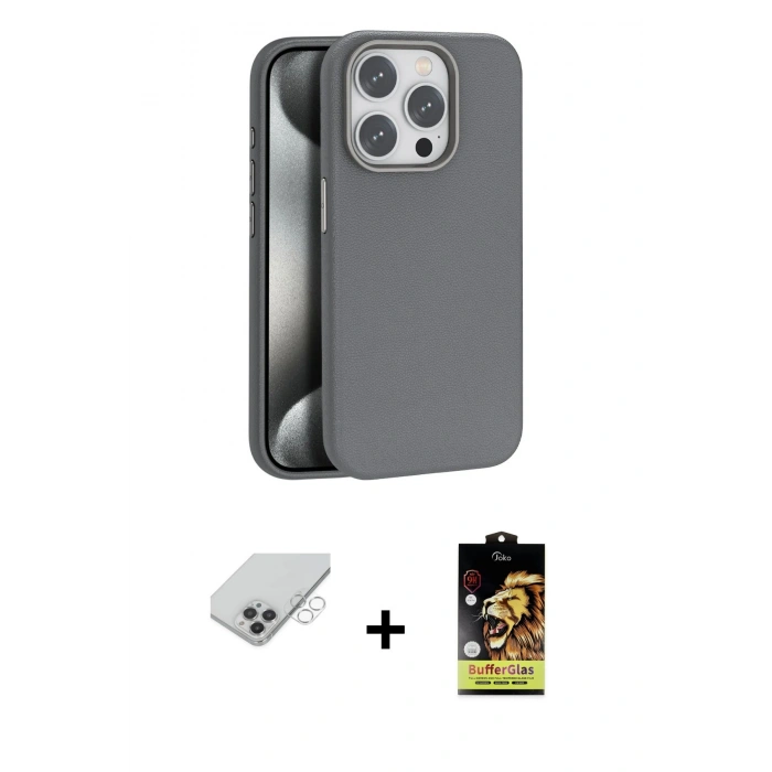 ieg™ iPhone 14 Pro Max Kılıf Zirve Modern Prime - Siyah Buffer Cam Ekran Koruyucu + Gümüş Band Metal Kamera Lens