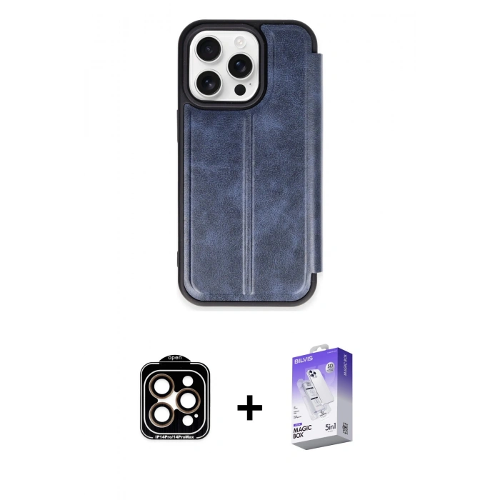 ieg™ iPhone 14 Pro Max Kılıf Zirve Yansıma Serisi - Siyah Bilvis 5in1 3D Magic Cam Ekran Koruyucu + Turuncu PVD Metal Kamera Lens
