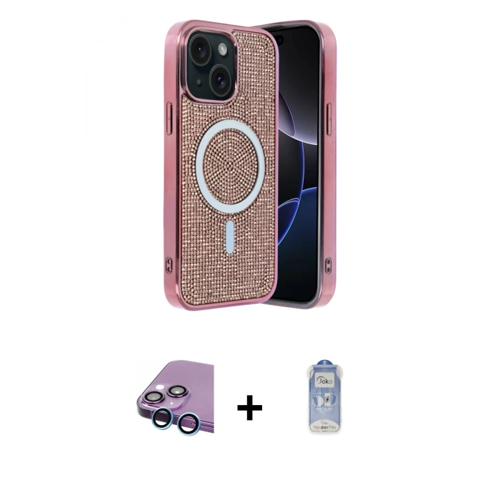 ieg™ iPhone 15 Kılıf Eksen Çizgi - Siyah Joko Magic 5D Cam + Mavi Raze Metal Kamera Lens