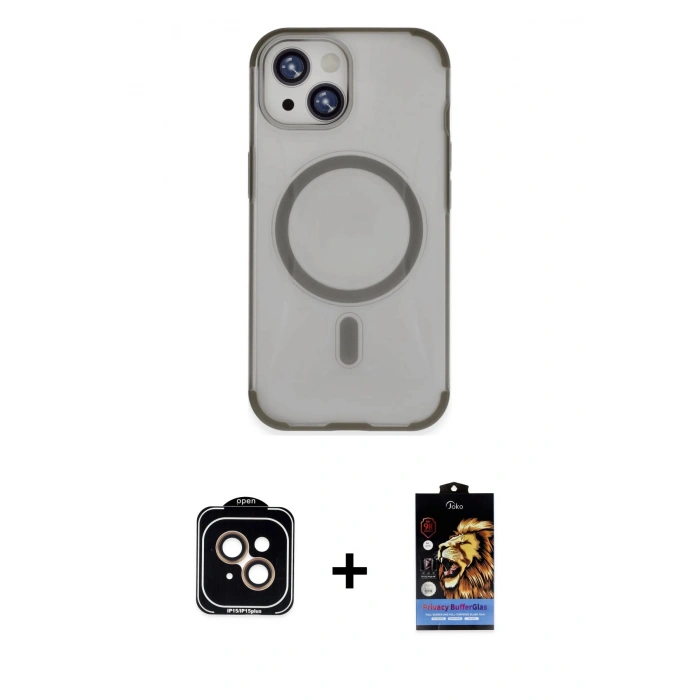 ieg™ iPhone 15 Kılıf Eksen Klasik Koleksiyonu - Siyah Buffer Hayalet Cam Ekran Koruyucu + Turuncu PVD Metal Kamera Lens