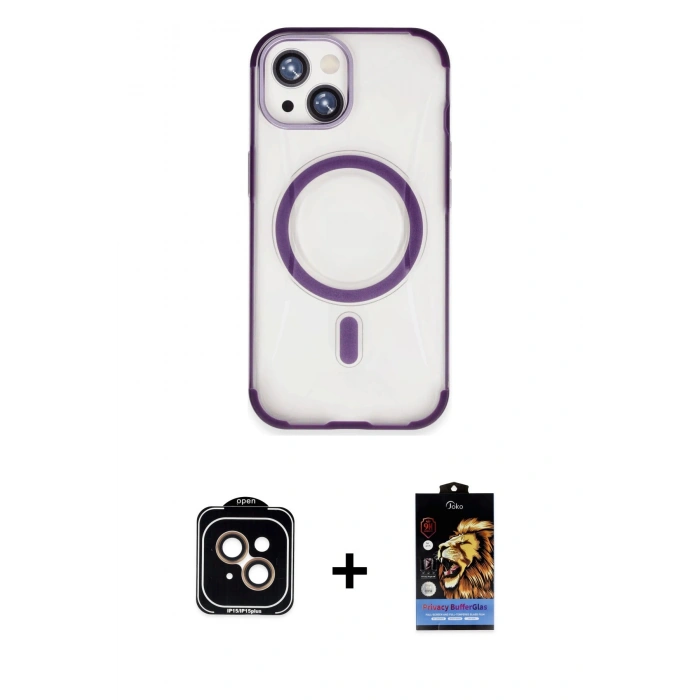 ieg™ iPhone 15 Kılıf Eksen Klasik Koleksiyonu - Siyah Buffer Hayalet Cam Ekran Koruyucu + Turuncu PVD Metal Kamera Lens