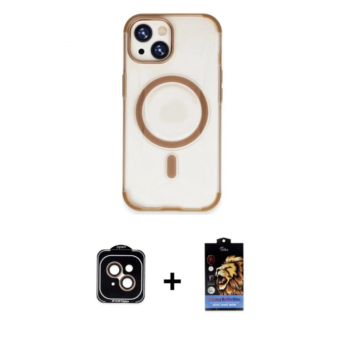 ieg™ iPhone 15 Kılıf Eksen Klasik Koleksiyonu - Siyah Buffer Hayalet Cam Ekran Koruyucu + Turuncu PVD Metal Kamera Lens
