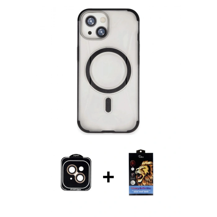 ieg™ iPhone 15 Kılıf Eksen Klasik Koleksiyonu - Siyah Buffer Hayalet Cam Ekran Koruyucu + Turuncu PVD Metal Kamera Lens