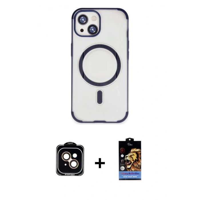 ieg™ iPhone 15 Kılıf Eksen Klasik Koleksiyonu - Siyah Buffer Hayalet Cam Ekran Koruyucu + Turuncu PVD Metal Kamera Lens