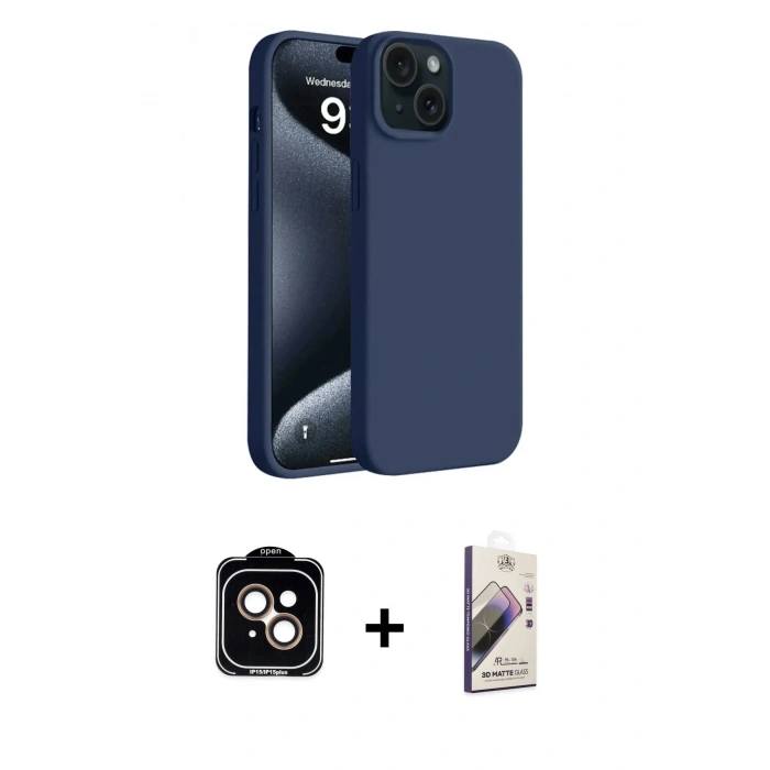 ieg™ iPhone 15 Kılıf Kozmos Yansıma Özel Seri - Siyah Bilvis 3D Mat Cam Ekran Koruyucu + Turuncu PVD Metal Kamera Lens