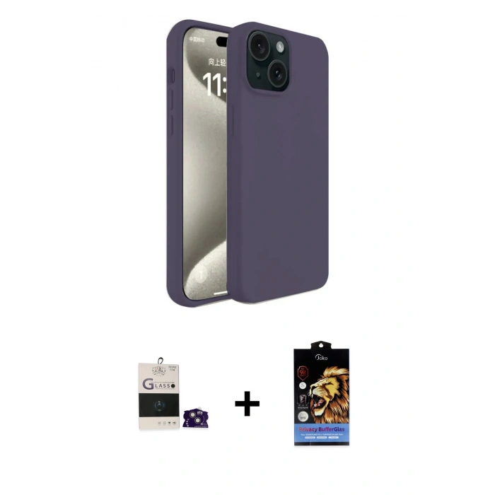 ieg™ iPhone 15 Kılıf Kozmos Yansıma Özel Seri - Siyah Buffer Hayalet Cam Ekran Koruyucu + Pembe Bilvis Titan Kamera Lens