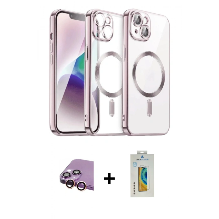 ieg™ iPhone 15 Kılıf Nova Işık Özel Seri - Siyah Polymer Nano Ekran Koruyucu + Pembe Raze Metal Kamera Lens