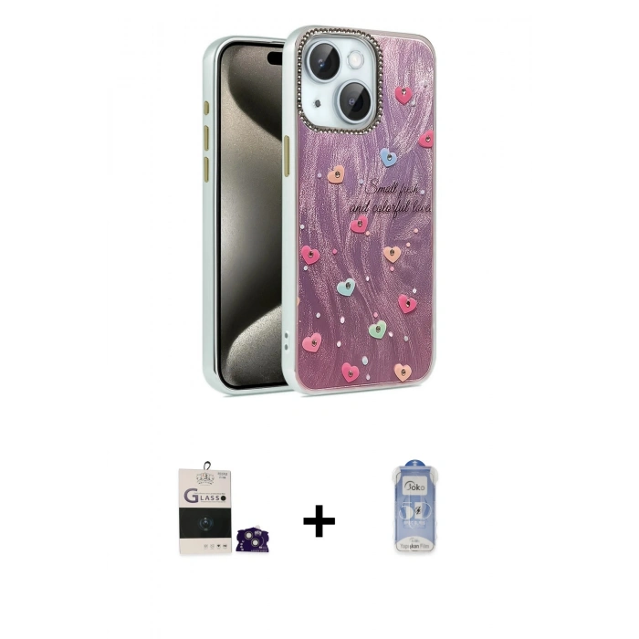 ieg™ iPhone 15 Kılıf Zirve Modern Prime - Siyah Joko Magic 5D Cam + Pembe Bilvis Titan Kamera Lens