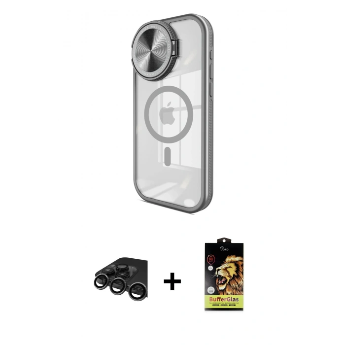 ieg™ iPhone 15 Pro Kılıf Kıvılcım Modern Koleksiyonu - Siyah Buffer Cam Ekran Koruyucu + Titanyum Gri Raze Metal Kamera Lens