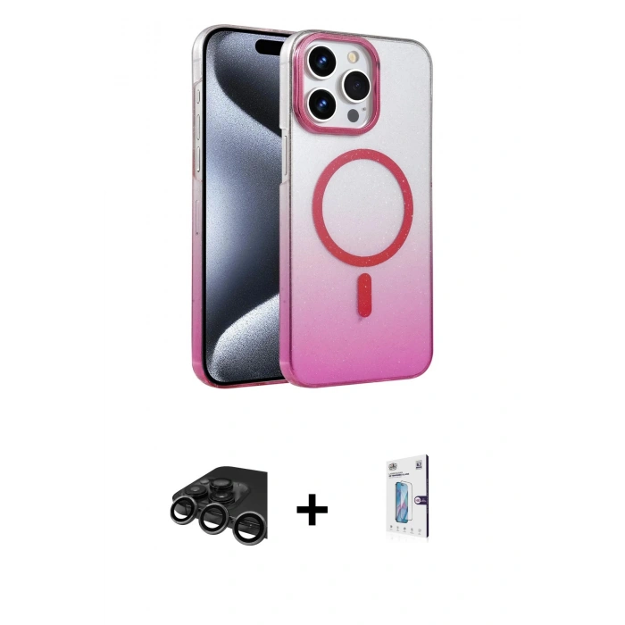 ieg™ iPhone 15 Pro Max Kılıf Ahenk Doku Özel Seri - Siyah Bilvis 0.18mm Plus Cam Ekran Koruyucu + Titanyum Gri Raze Metal Kamera Lens