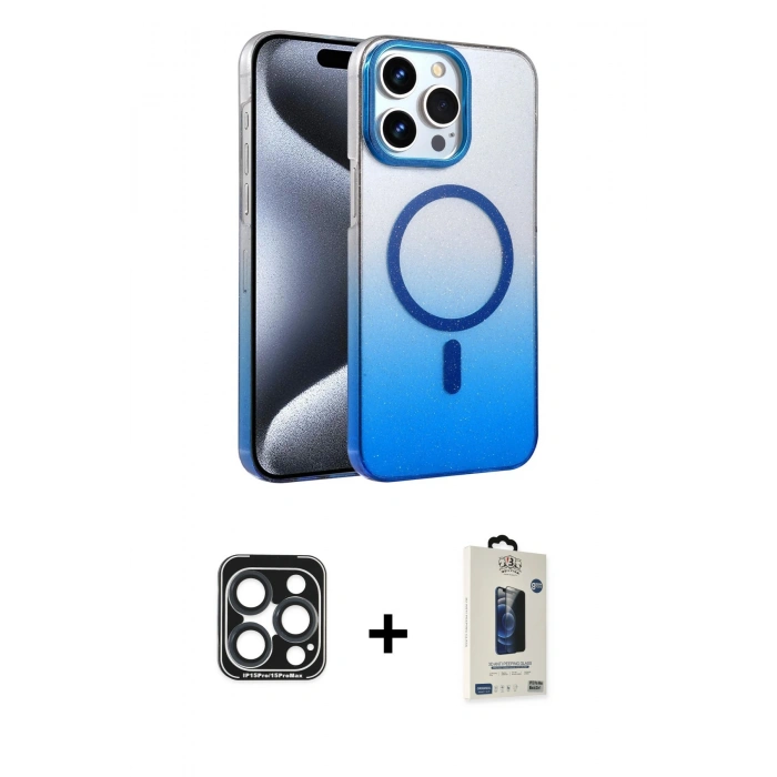ieg™ iPhone 15 Pro Max Kılıf Ahenk Doku Özel Seri - Siyah Bilvis Hayalet Cam Ekran Koruyucu + Lacivert PVD Metal Kamera Lens