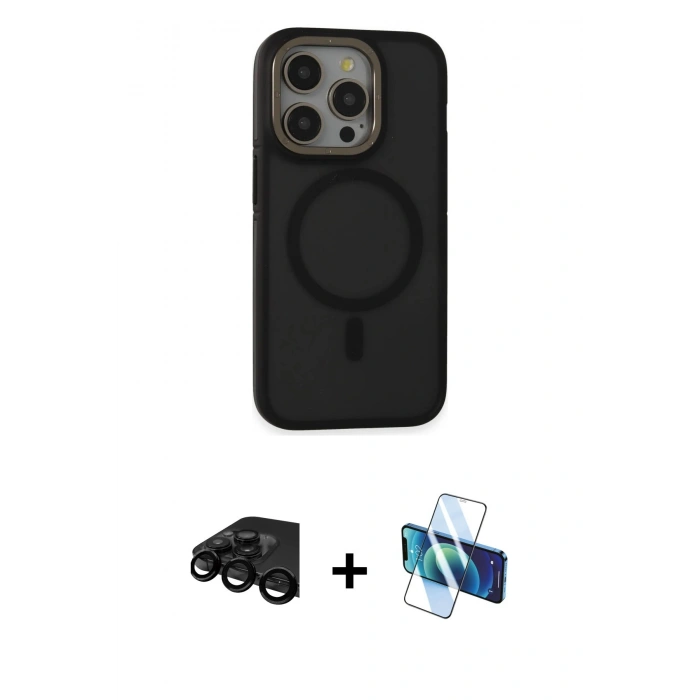 ieg™ iPhone 15 Pro Max Kılıf Ahenk Form Serisi - Siyah 3D Antistatik Seramik Nano Ekran Koruyucu + Siyah Raze Metal Kamera Lens