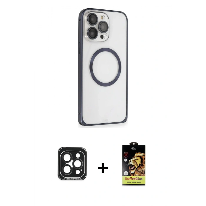 ieg™ iPhone 15 Pro Max Kılıf Ahenk Işık Serisi - Siyah Buffer Cam Ekran Koruyucu + Siyah PVD Metal Kamera Lens