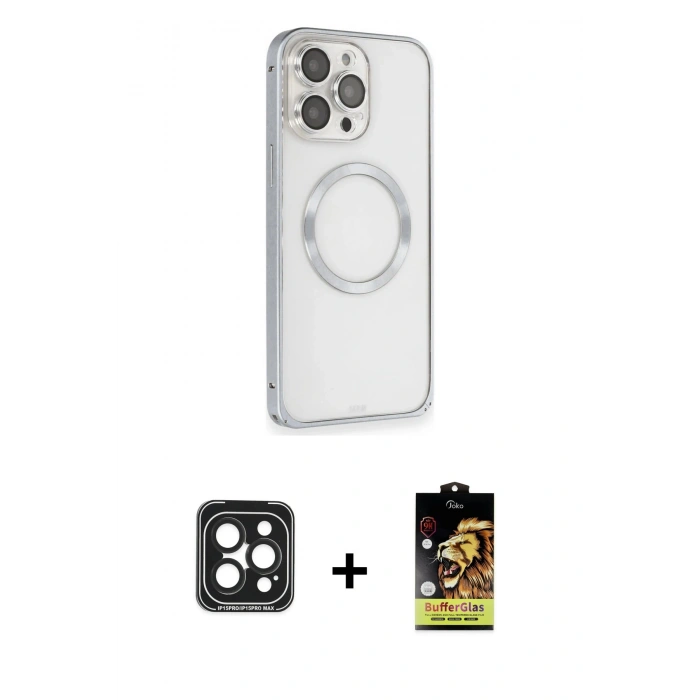 ieg™ iPhone 15 Pro Max Kılıf Ahenk Işık Serisi - Siyah Buffer Cam Ekran Koruyucu + Siyah PVD Metal Kamera Lens